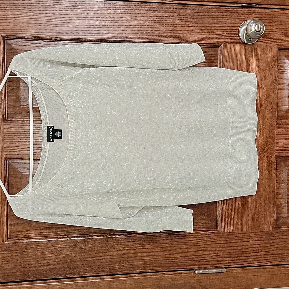 White and silver shimmer off shoulder shirt